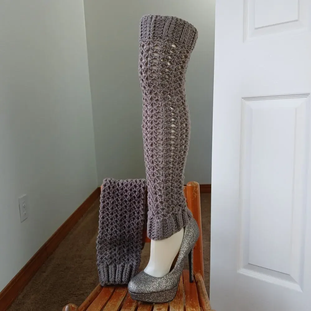 Taupe Leg Warmers OSFM crochet warm thick chunky over the knee dance premade